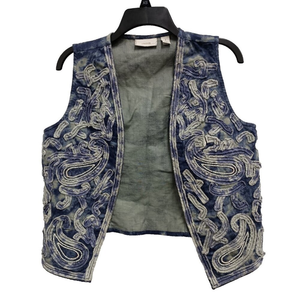 Vintage Y2K Chicos BOHO Vest Womens‎ Medium Blue Denim Tie Dye Embroidered